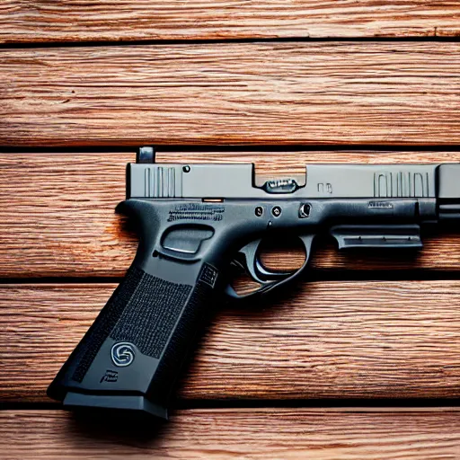 Image similar to a mefium shot photograph of a glock 18 on a wooden background