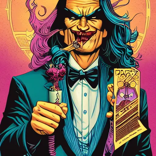 Image similar to two face with long hair, batman villian. Artwork by Dan Mumford