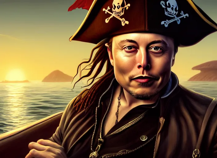 Prompt: highly detailed portrait of Elon Musk as a dread pirate captain, proudly posing at the helm of his frigate wearing a pirate hat, full body, sinking smoking ship in the background at sunset, artstation, cinematic lighting, hyperdetailed, cgsociety, 8k, high resolution, insanely detailed and intricate, concept art, smooth, sharp focus, illustration, art by John Collier and Albert Aublet and Krenz Cushart and Artem Demura and Alphonse Mucha