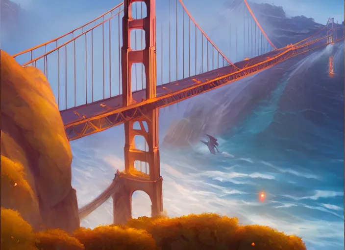 Image similar to san francisco golden gate scenery, unreal engine fantasy art by greg, loish, rhads, ferdinand, knab tom bagshaw, makoto shinkai