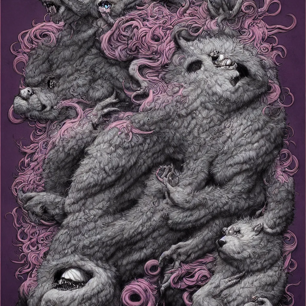 Image similar to monster of fur and black oil by james jean, photoillustration, mystical baroque, pastel synthwave