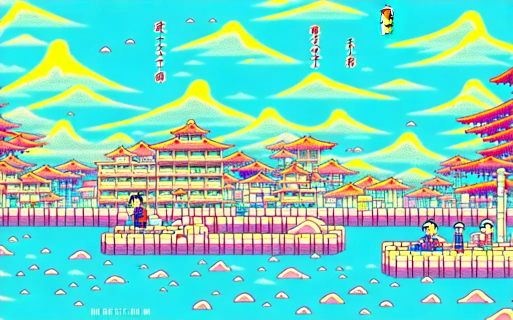 Prompt: a japanese city near the sea, lofi, dreamy, moody, very colorful, anime inspiration, ghibli vibe, pixelart