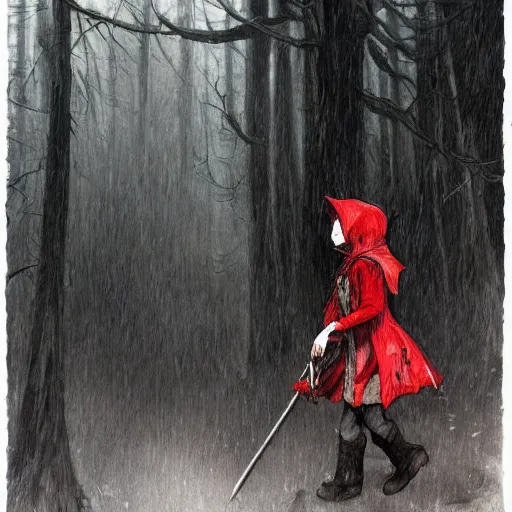 Prompt: elderly wolf hunter little red riding hood in the rain, detailed intricate ink illustration, dark atmosphere, detailed illustration, hd, 4k, digital art, overdetailed art, concept art, by greg rutkowski, by loish, complementing colors, Trending on artstation, deviantart