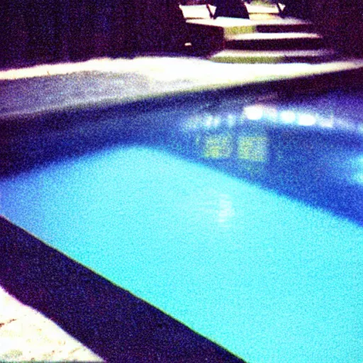 Prompt: Beautiful colored-photo cameraphone 2005 soft liminal Photograph of an infinite dark walkway pool