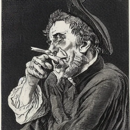 Prompt: gustav dore wood etching of don quixote smoking a blunt!!!