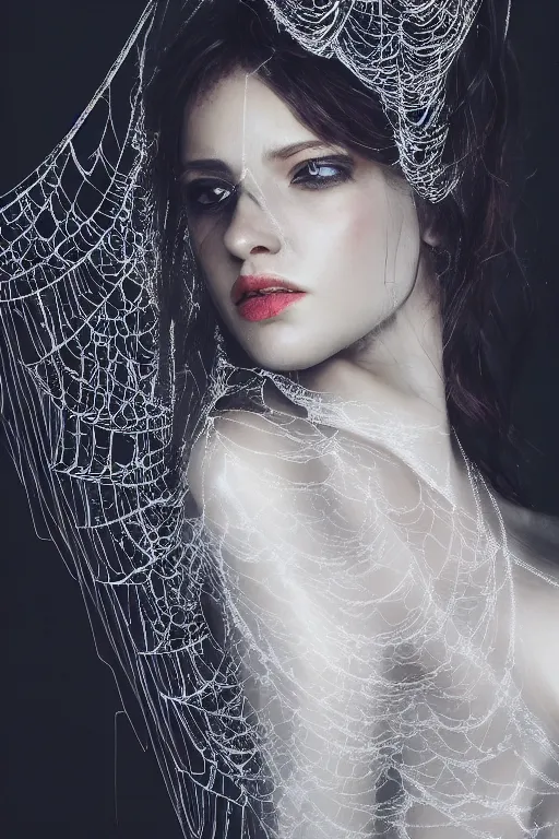 Prompt: a beautiful woman draped in spider webs, studio lighting, soft lighting, artstation, 4k