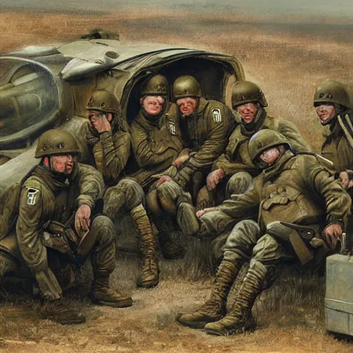 Image similar to an award winning painting of soldiers sitting inside a plane on their way to the battlefield, an emotionless look on their faces, in the style of grek rutkowski