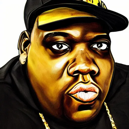 Image similar to a painting of a hyper realistic biggie smalls, art by basquiat, intricate, ultra detailed, photorealistic, black and gold colors, dark background trending on artstation