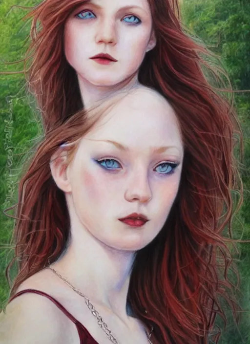 Image similar to close up portrait drawing of a ( thin young redhead woman with russian descent, sunbathed skin, with ( intricate deep blue eyes ) and ( wavy long maroon colored hair ) who looks directly at the camera with a ( slightly open mouth ) ). face takes up half of the photo. a park visible in the background. detailed 8 k art by luis royo.