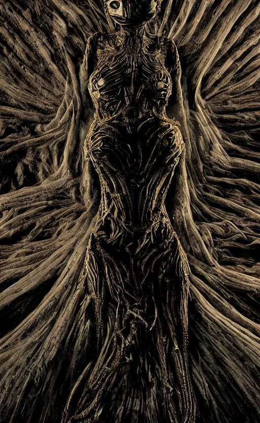Image similar to levitating woman with ultradetailed dress in the style of giger, with white flowers and full - face golden mask inside a thick black smoke in rocky desert landscape, glowing eyes everywhere, dey earth by gaspar noe and christopher doyle, anamorphic lens, anamorphic lens flares, kodakchrome, cinematic composition, practical effects, very detailed photo, 8 k