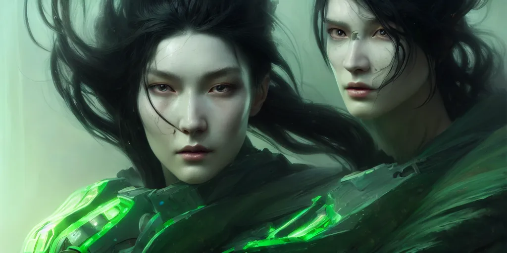 Image similar to ultra detailed beautiful nordic cyborg, black long hair, green eyes, sharp bone structure, extremely detailed digital painting, in the style of fenghua zhong and ruan jia and jeremy lipking and peter mohrbacher, mystical colors, rim light, beautiful lighting, 8 k, stunning scene, raytracing, octane, trending on artstation