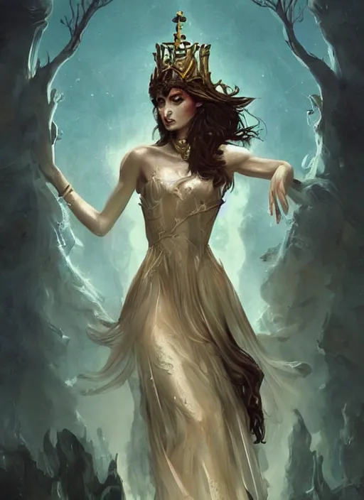 Image similar to tarot!!, fairy queen, fantasy medieval, no noise, elegant, concept art, sharp focus, beautiful face!!, digital art, smooth defined outlines!!, by Brom, trending on Artstation, Tom Bagshaw, Sargent