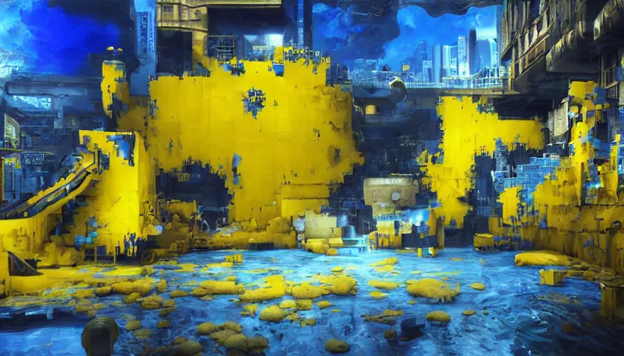 Prompt: Video game world as it is being deleted, detailed oil painting, hyperrealistic, surreal, blue and yellow color scheme, intense malaise