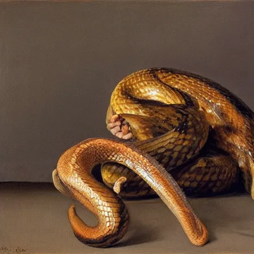 Prompt: shadowy by lucian freud, by serge marshennikov. a beautiful photograph of a snake eating its own tail that seems to go on forever.