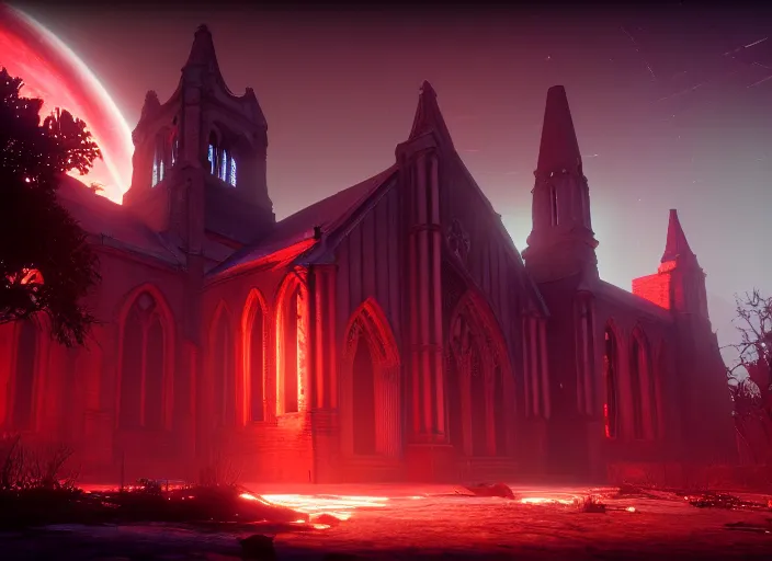 Prompt: ancient church of worship with red shafts of light in destiny 2, foggy, liminal, dark, dystopian, beautiful architecture, abandoned, highly detailed 4 k 6 0 fps destiny 2 promotional poster image wallpaper expansion