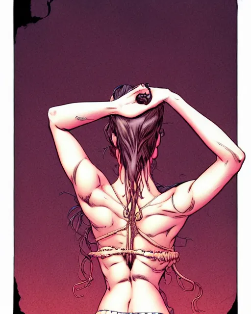 Image similar to comic horror cover art of a terrified bikini model running, viewed from behind, illustration by jenny frison and sana takeda, intricate details, stunning inking lines, stunning gradient colors, 4 k, hd, artstation, award winning