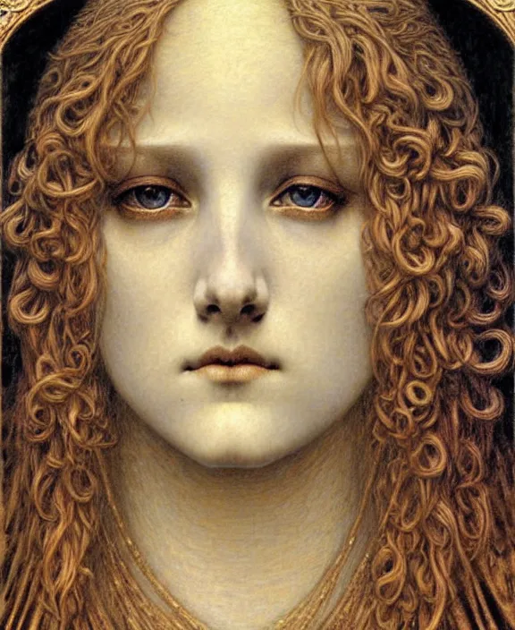 Image similar to detailed realistic beautiful young medieval queen face portrait by jean delville, gustave dore and marco mazzoni, art nouveau, symbolist, visionary, gothic, pre - raphaelite. horizontal symmetry