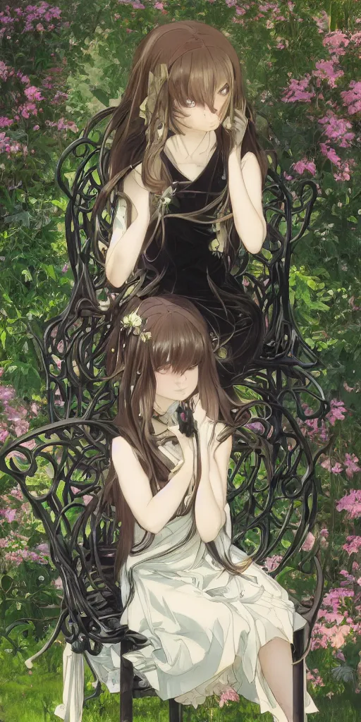 Image similar to a loli with long hair in a black dress sitting on a metal garden chair in the privet garden at afternoon, green and warm theme, back lighting, highly detailed, by krenz cushart and mucha and akihito yoshida and greg rutkowski and makoto shinkai and studio ghibli, detailed eyes, 4 k resolution, trending on art station