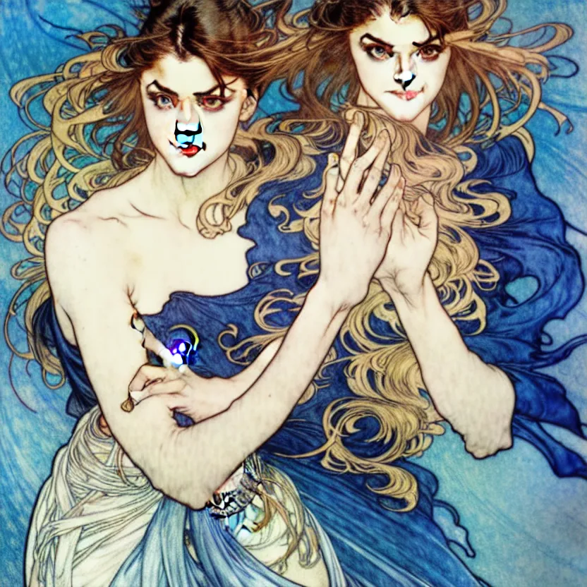 Image similar to in the style of artgerm, arthur rackham, alphonse mucha, phoebe tonkin, symmetrical eyes, symmetrical face, flowing blue skirt, hair blowing, intricate filagree, hidden hands, warm colors, cool offset colors