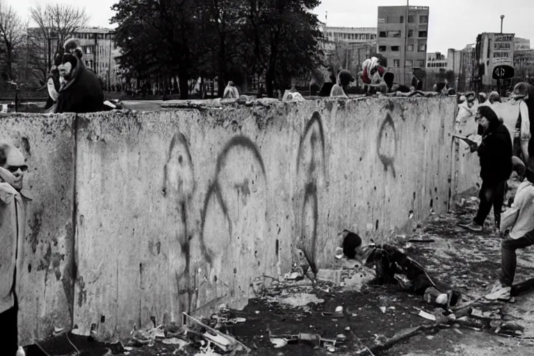 Image similar to people destroying the berlin wall, storyboard style, 3 d