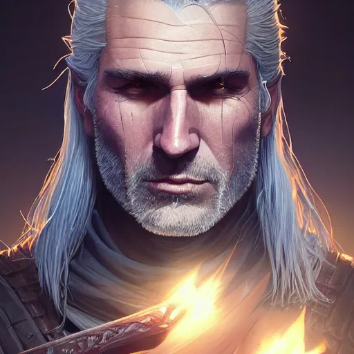 Image similar to highly detailed portrait of geralt of rivia, stephen bliss, unreal engine, fantasy art by greg rutkowski, loish, rhads, ferdinand knab, makoto shinkai and lois van baarle, ilya kuvshinov, rossdraws, tom bagshaw, global illumination, radiant light, detailed and intricate environment