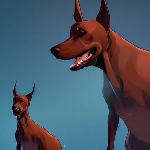 Image similar to portrait of an antropomorphic doberman creature, black hair, human body, angry look, ready for battle, masterpiece, mattepainting concept blizzard pixar maya engine on cold night stylized background splash comics global illumination lighting artstation lois van baarle, ilya kuvshinov, rossdraws