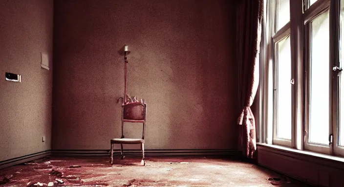 Prompt: 35mm photo of a Haunted House Room, gorgeous interior design, salmon colors, extreme temperature-interior-lighting, buildings-view, gorgeous-design, peaceful, style of Philippe Starck, 4k, professional photography, wide-perspective, grand-composition, concept-art, highly-detailed, sublime, dramatic, cinematic