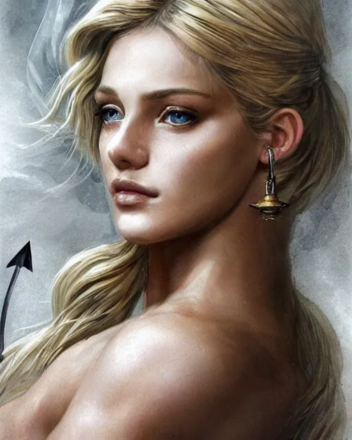 Image similar to tattoo sketch of beautiful greek goddess aphrodite with arrow earrings, beautiful piercing eyes, flowing blonde hair, realistic face, hyper realistic, in the style of greg rutkowski, fantasy, amazing detail, epic, intricate, elegant, smooth, sharp focus