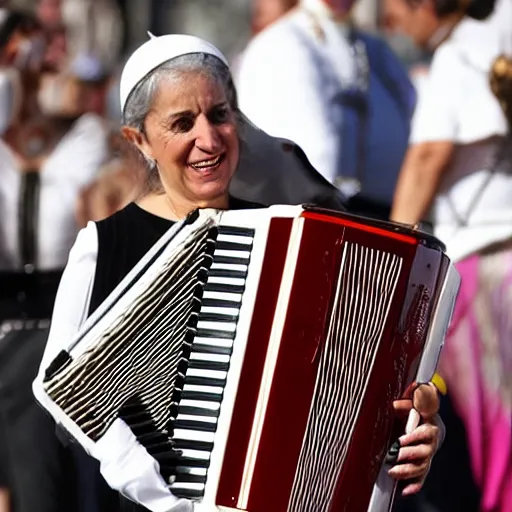 Image similar to realistic photograph of Luciana Littizzetto playing the accordion for Pope Francis, 2019, afternoon