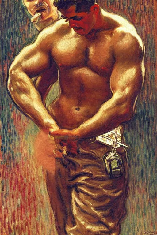 Image similar to attractive male, firefighters of new york city, painting by tom of finland, gaston bussiere, craig mullins, j. c. leyendecker, claude monet