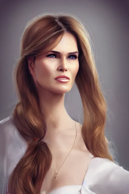 Image similar to portrait of a mix of young maria shriver, mariel hemmingway, melania trump and elle macpherson as an angel, thin lips, hair tied up in a pony tail, white, vine, artstation, cgsociety