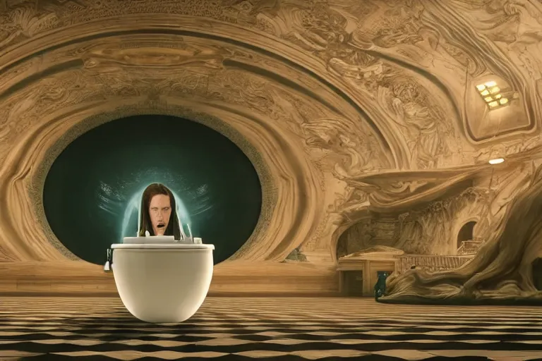 Image similar to hyperrealism aesthetic ridley scott style photography of detailed giant peeing in detailed ultra huge toilet bowl in surreal scene from detailed art house movie in style of denis villeneuve and wes anderson