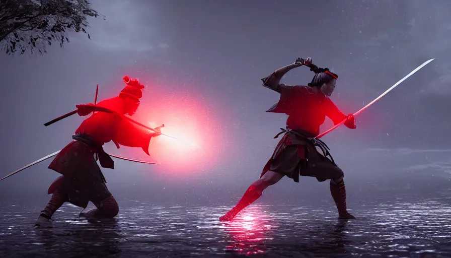 Prompt: Digital Art of A Samurai! Ninja! in Action, fighting and swords colliding, standing in a glowing lake while it rains, Concept Art, highly detailed, Artstation, 8k, Raytracing, Unreal Engine 5