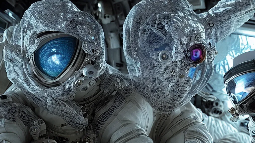 Image similar to a astronaut eva suit covered in diamond 3d fractal lace iridescent bubble 3d skin and covered with insectoid compound eye camera lenses floats through the living room, film still from the movie directed by Denis Villeneuve with art direction by Salvador Dalí, wide lens,