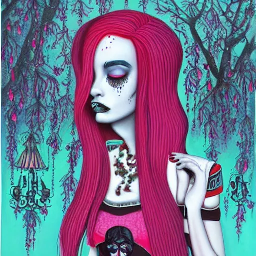 Image similar to a hyperrealistic painting of a beautiful gothic princess crying tears of blood, by Tara McPherson, vivid color, highly detailed,