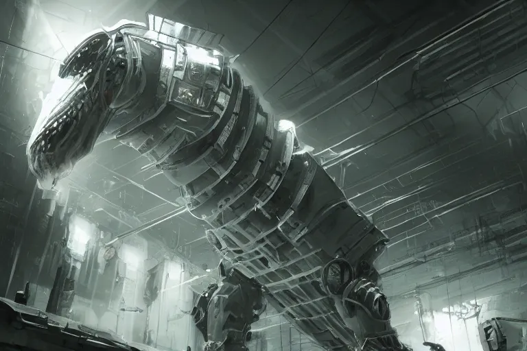 Image similar to robosaurus parallax datacenter server room interior single mono colossus white rusty robot sitting artstation cinematic detailed concept art volumetric light sharp coherent cgsociety symmetric perfect well balanced shadows lotr technogoddess