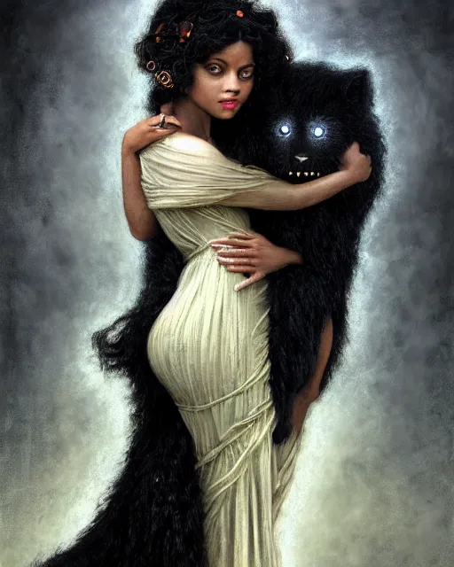 Image similar to a portrait of black furry shadow monster who is carrying a beautiful girl in his arms, background of deep shadows, illustration, dramatic lighting, soft details, painting oil on canvas, art nouveau, octane render, HDR, 4k, 8k, HD, by Edmund Blair Leighton, Brom, Charlie Bowater, trending on artstation, Tom Bagshaw, faces by otto Schmidt