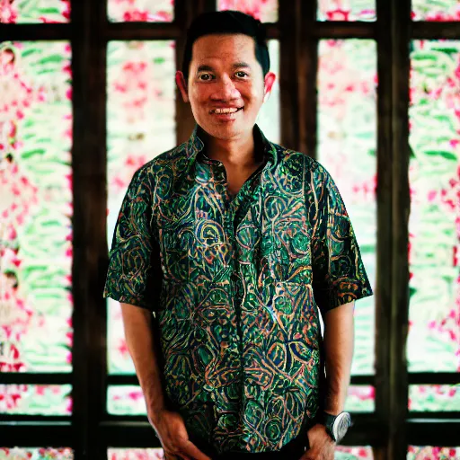 Prompt: A Photo Portrait of Joe Wearing Indonesian Batik Tulis at a fancy Balinese restaurant, award winning photography, sigma 85mm Lens F/1.4, blurred background, perfect faces