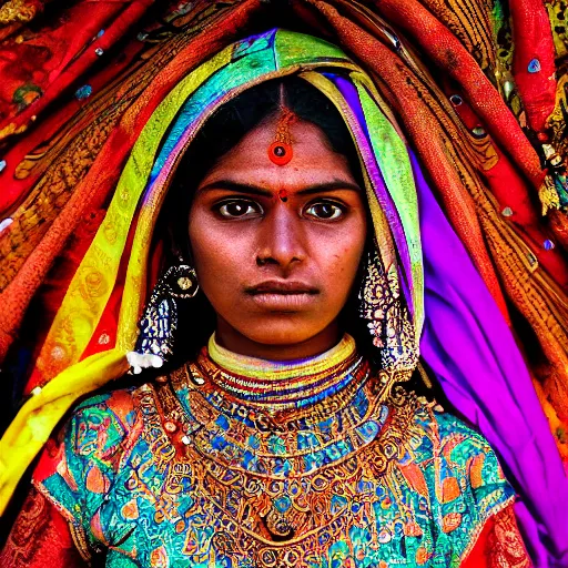 Prompt: photograph of an indian hindu woman in an intricate beautiful dress, ornate, psychedelic, hdr 4 k, award - winning photograph, national geographic