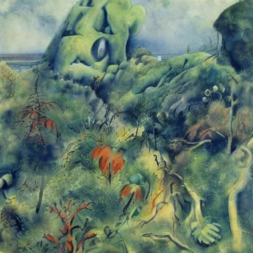 Prompt: painting of a lush natural scene on an alien planet by george grosz. beautiful landscape. weird vegetation. cliffs and water.