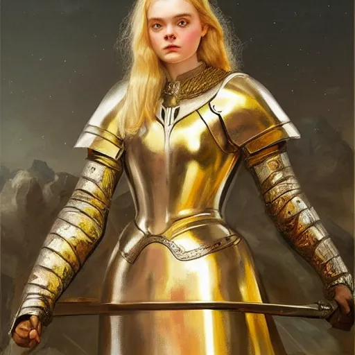 Image similar to Elle Fanning as a knight in golden armor holding fire, oil on canvas, moon lighting, artstation, by J. C. Leyendecker and Peter Paul Rubens,