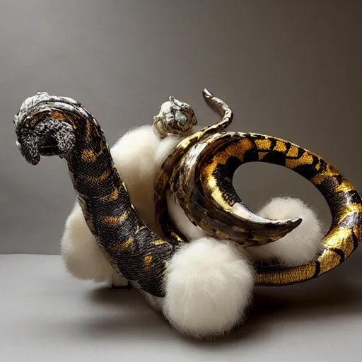 Image similar to furry fluffy floof serpent, white marble with gold accents, by ellen jewett