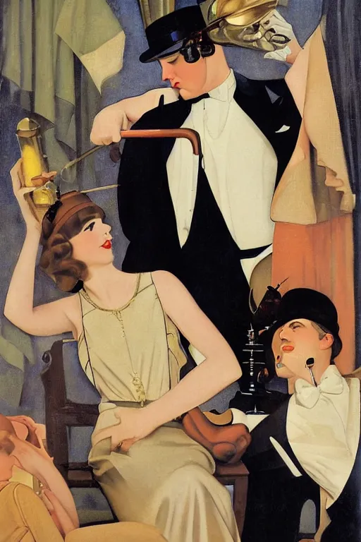 Image similar to a oil painting depicting a Jazz Age high society gentlment, 1920s style, smooth, highly detailed, high contrast, Coles Phillips, Dean Cornwell, JC Leyendecker, 8K