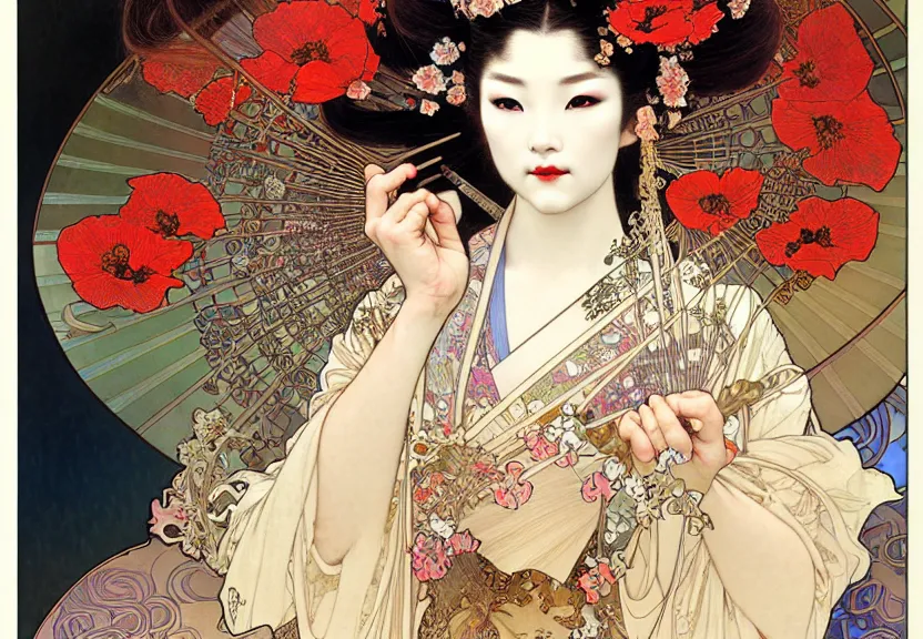 Prompt: realistic detailed face portrait of a divine geisha with poppies in her elaborate hair by alphonse mucha, ayami kojima, amano, greg hildebrandt, and mark brooks, art nouveau, neo - gothic, gothic