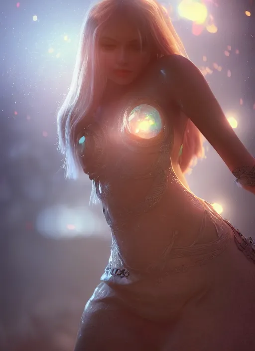 Image similar to Female, Fantasy, Bokeh, Ethereal, Aesthetic, by NIXEU, Trending on ArtStation, Octane Render