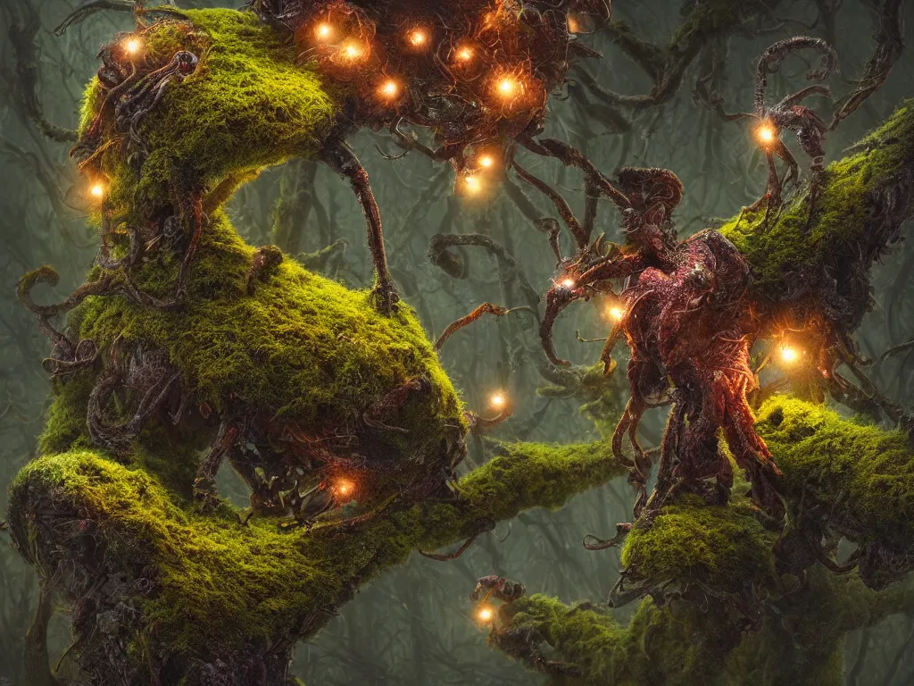 Image similar to a beautiful macro photography of moss with alien fungus, hyperdetailed, warm volumetric lights , made by Gerald Brom and Mike Winkelmann