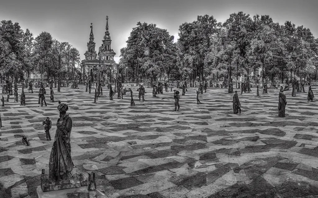 Image similar to the statue park in st. petersburg, by patrick brown, monochrome,