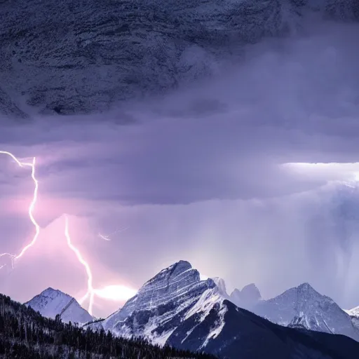 Image similar to high rocky mountains snow steep dark gloomy volumetric lightning lense flare 4 k