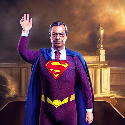 Image similar to Portrait of Nigel Farage as superman, heroic, amazing splashscreen artwork, splash art, head slightly tilted, natural light, elegant, intricate, fantasy, atmospheric lighting, cinematic, matte painting, detailed face, by Greg rutkowski