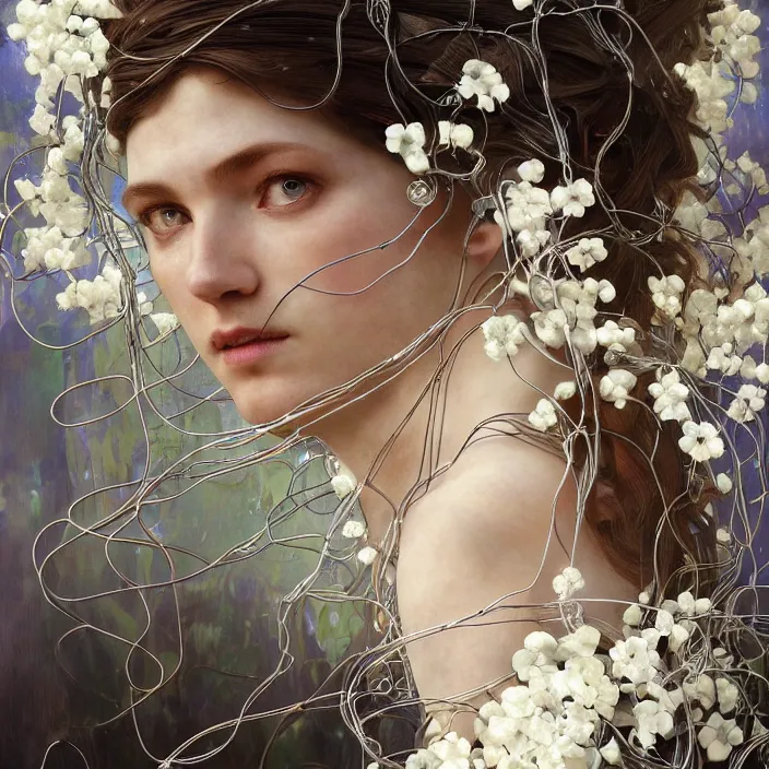 Image similar to hyperrealist portrait of a 2 0 4 4 space sport engineer, it is decorated with long wires and white flowers that fall like vines and wears a huge computer crown. by jeremy mann and alphonse mucha, fantasy art, photo realistic, dynamic lighting, artstation, poster, volumetric lighting, very detailed faces, 8 k, award winning